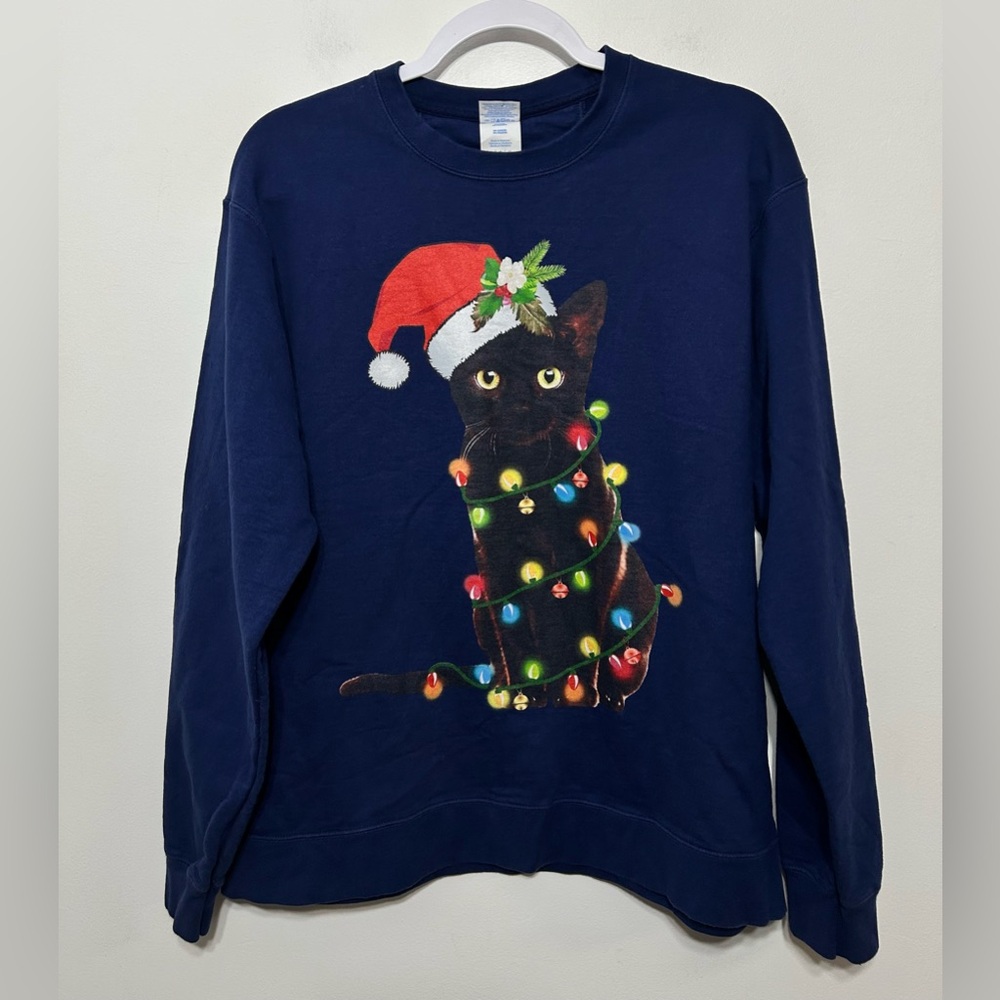 Christmas Cat Santa Hat Lights Novelty Sweatshirt Size Large - Picture 3 of 8